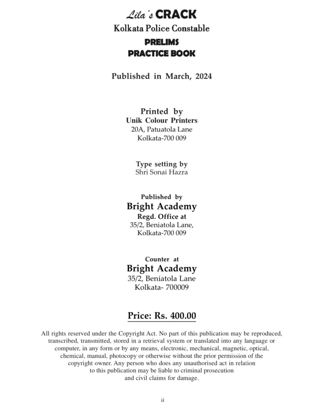 CRACK KOLKATA POLICE CONSTABLE Practice Book With Explanation (Prelims)